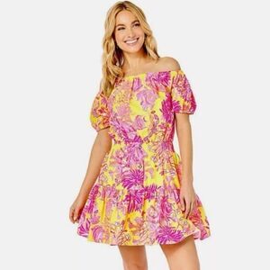 Lilly Pulitzer Jesiba Off-Shoulder Dress XL Yellow Pink Floral